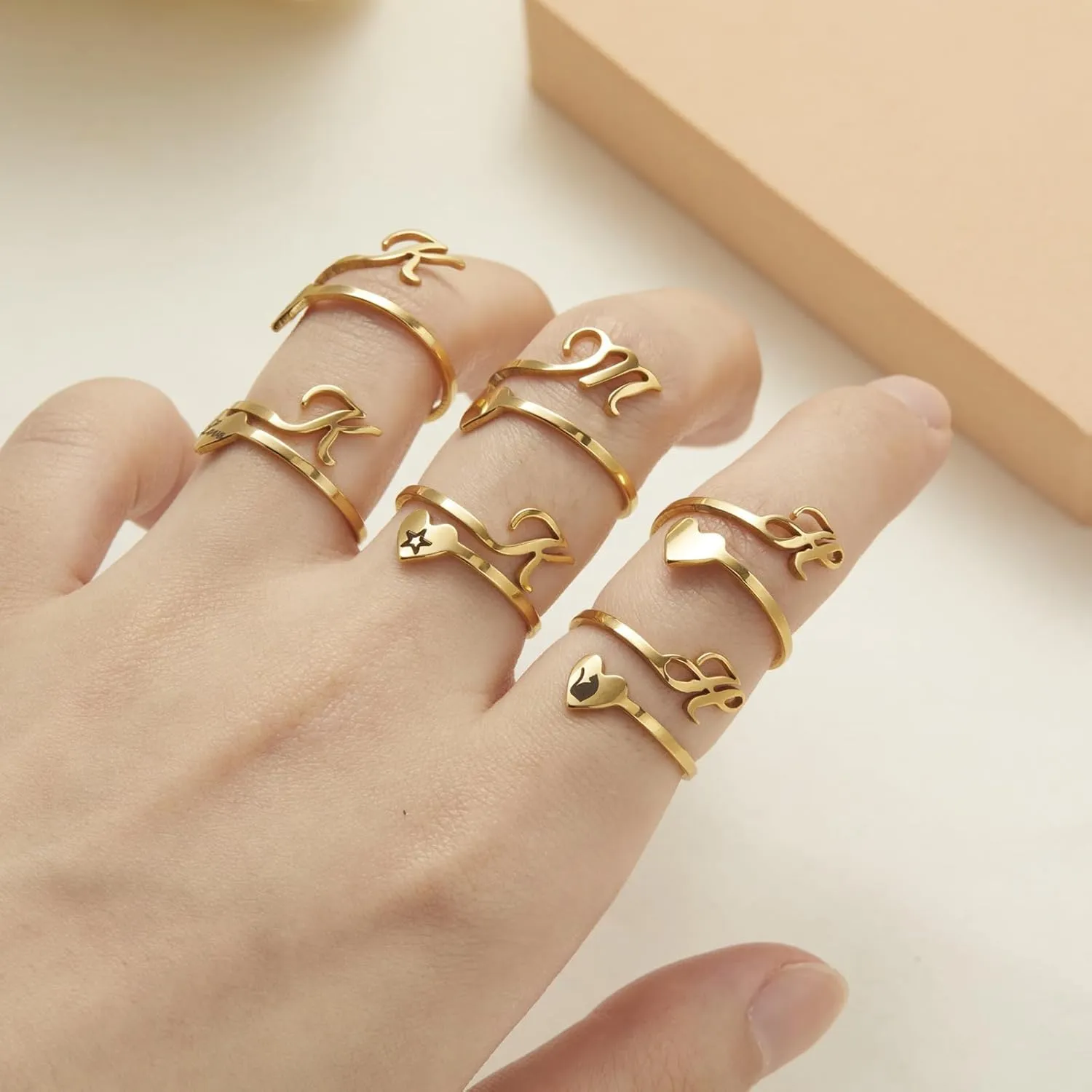 HUASAI Gold Initial Rings for Women Non Tarnish 14K Gold Plated Heart Ring Gold Letter Stackable Rings Open Adjustable Alphabet Rings Jewelry Gift