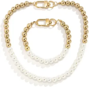 HUASAI Pearl Necklace for Men Fashionable Faux Pearl Bracelet Necklace Set Pearl Choker Necklace Gold Silver White Round Pearl Necklace Bracelet Set
