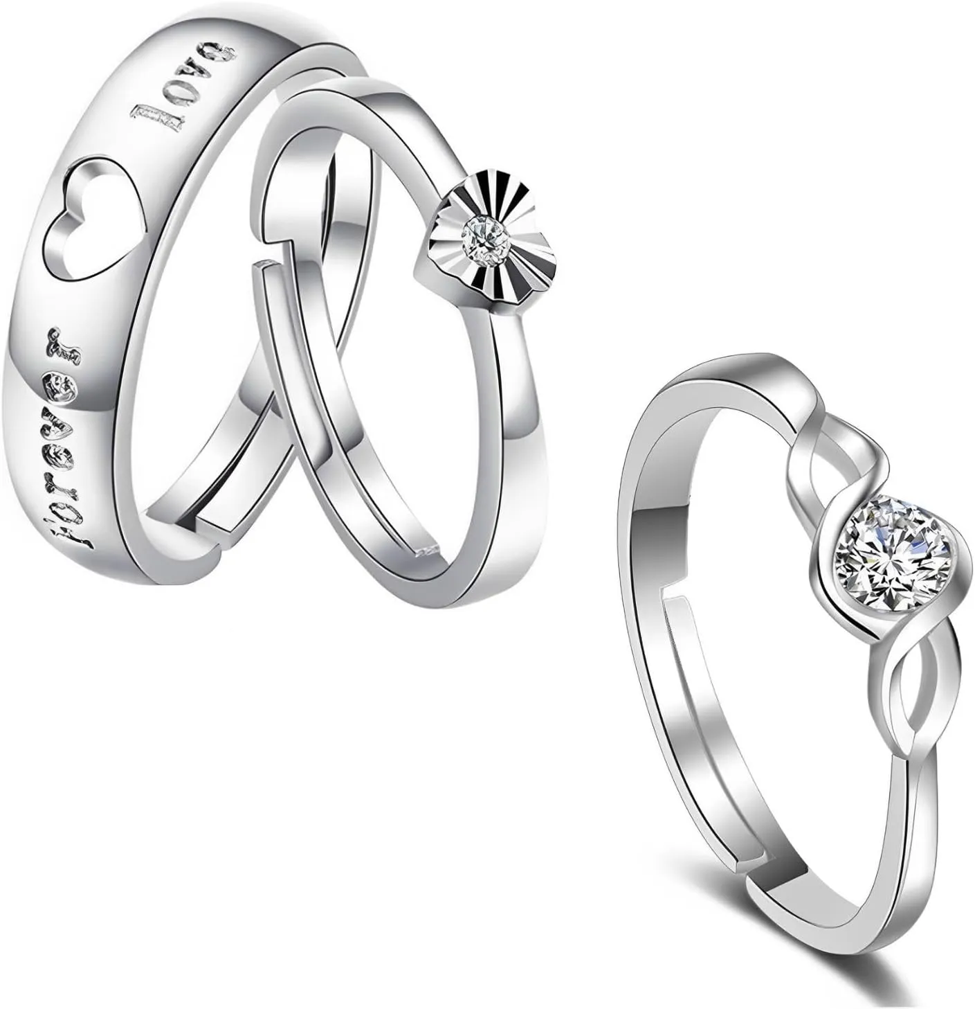 I Jewels Silver Plated Stylish Matching Heart Promise Adjustable Rings For Couple Engagement Wedding Ring Sets for Him and Her Adjustable