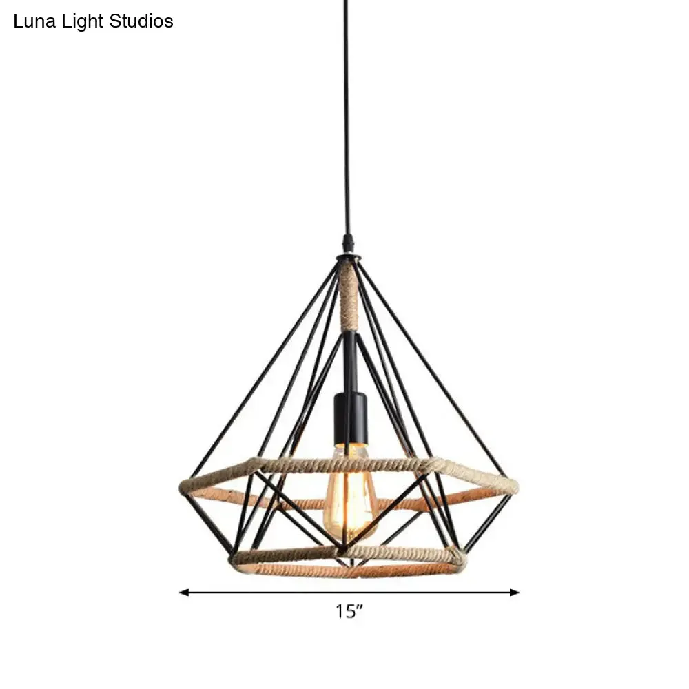 Industrial Bistro Hanging Lamp - Single Bulb Drop Pendant with Diamond Roped Cage in Black - 10"/15"/18" Width