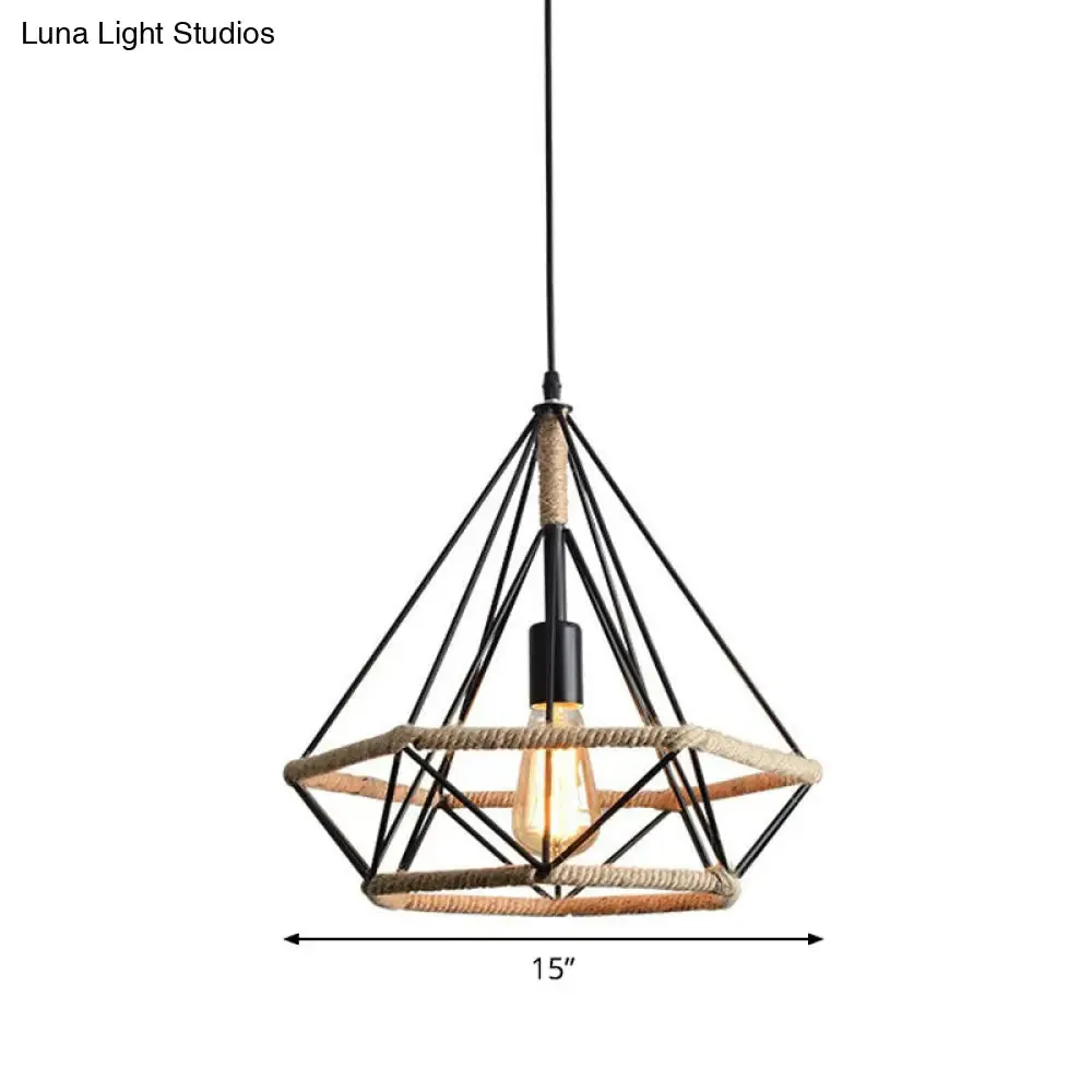 Industrial Bistro Hanging Lamp - Single Bulb Drop Pendant with Diamond Roped Cage in Black - 10"/15"/18" Width
