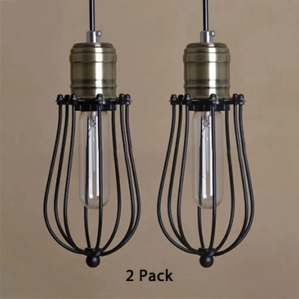 Industrial Rustic Black Metal Pendant Lighting, 2 Pack - Wire Cage Hanging Lamp for Kitchen