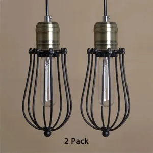 Industrial Rustic Black Metal Pendant Lighting, 2 Pack - Wire Cage Hanging Lamp for Kitchen