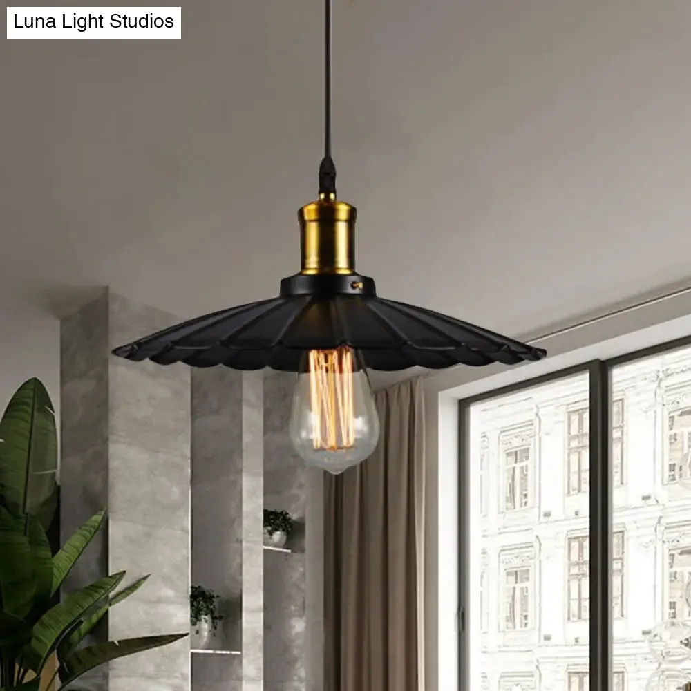 Industrial Scalloped Pendant Light - 1 Head 14"/16" Metallic Ceiling Lamp in Black/White