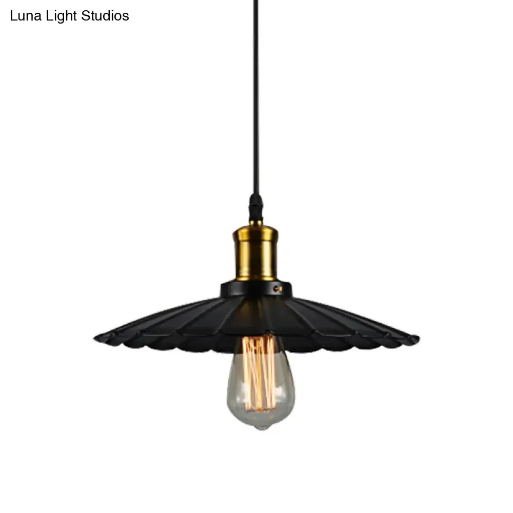 Industrial Scalloped Pendant Light - 1 Head 14"/16" Metallic Ceiling Lamp in Black/White