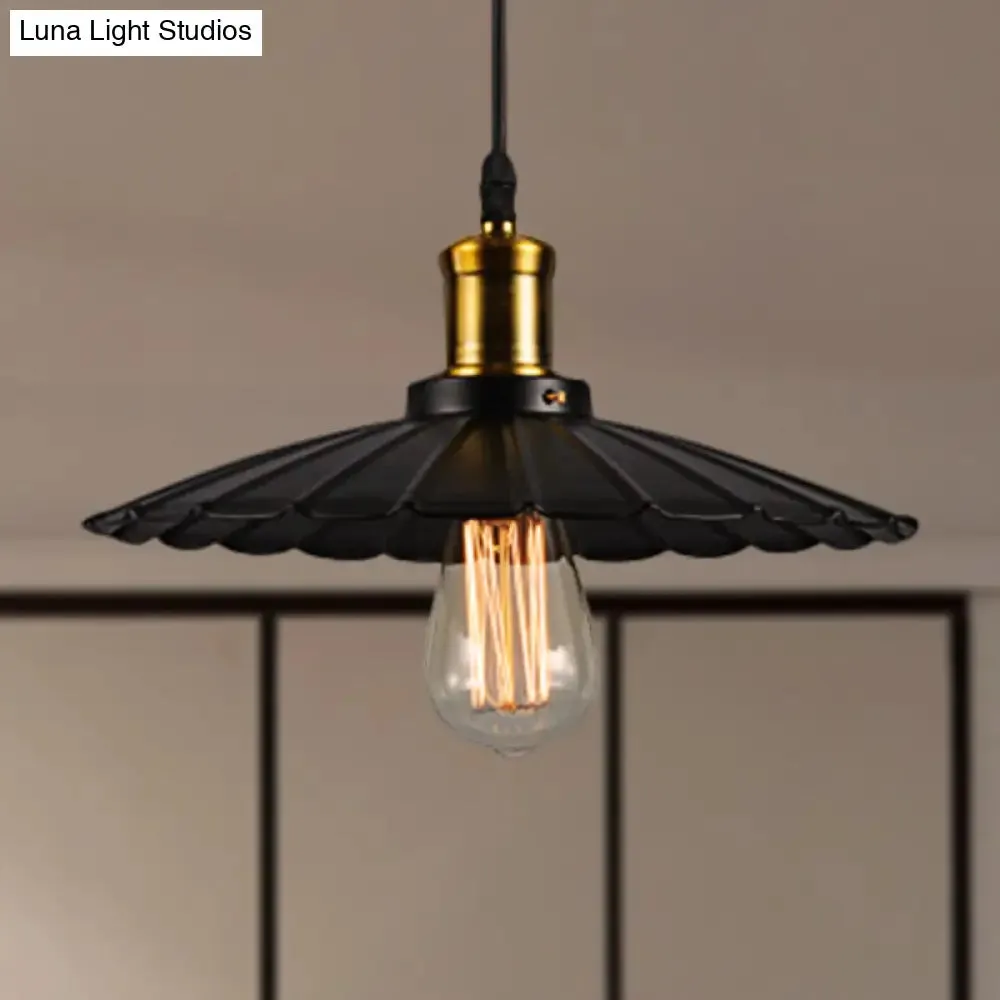 Industrial Scalloped Pendant Light - 1 Head 14"/16" Metallic Ceiling Lamp in Black/White