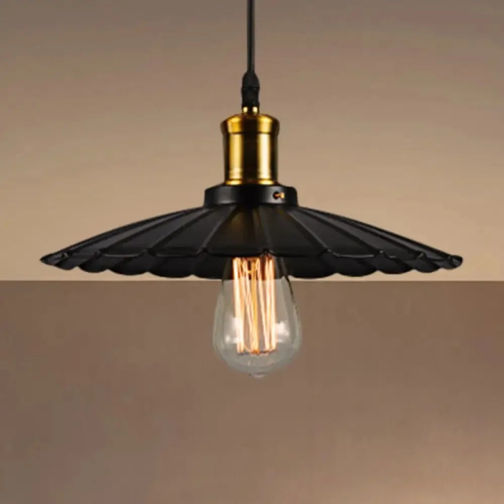 Industrial Scalloped Pendant Light - 1 Head 14"/16" Metallic Ceiling Lamp in Black/White
