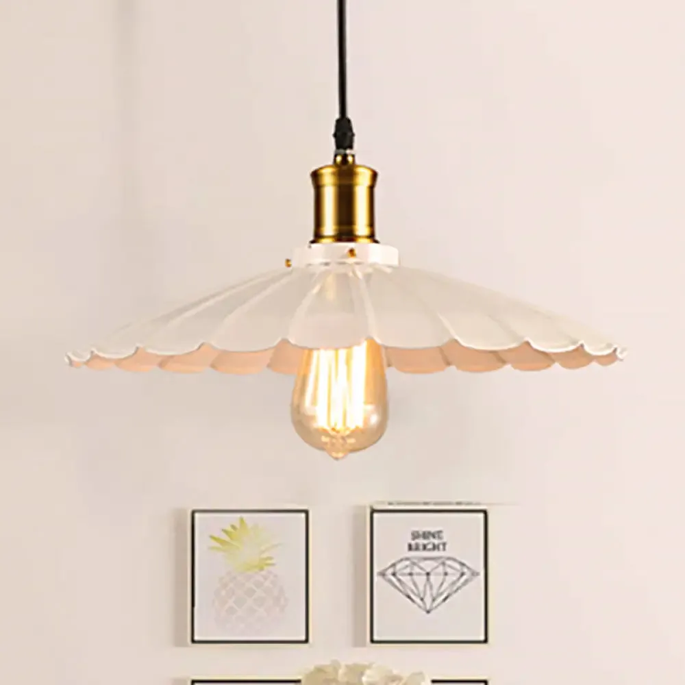 Industrial Scalloped Pendant Light - 1 Head 14"/16" Metallic Ceiling Lamp in Black/White