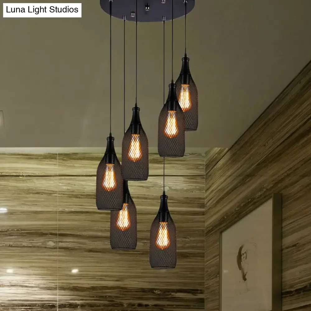 Industrial Style Black Bottle Mesh Pendant Light with 3/6 Lights - Ideal for Restaurants
