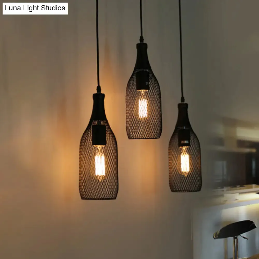 Industrial Style Black Bottle Mesh Pendant Light with 3/6 Lights - Ideal for Restaurants