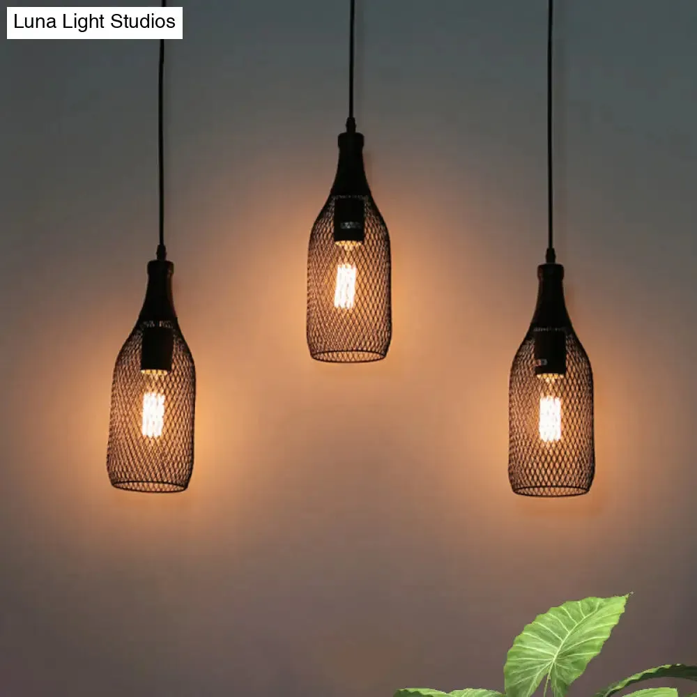 Industrial Style Black Bottle Mesh Pendant Light with 3/6 Lights - Ideal for Restaurants