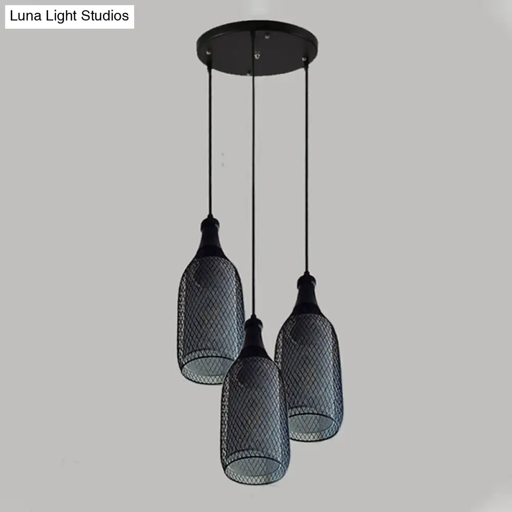 Industrial Style Black Bottle Mesh Pendant Light with 3/6 Lights - Ideal for Restaurants