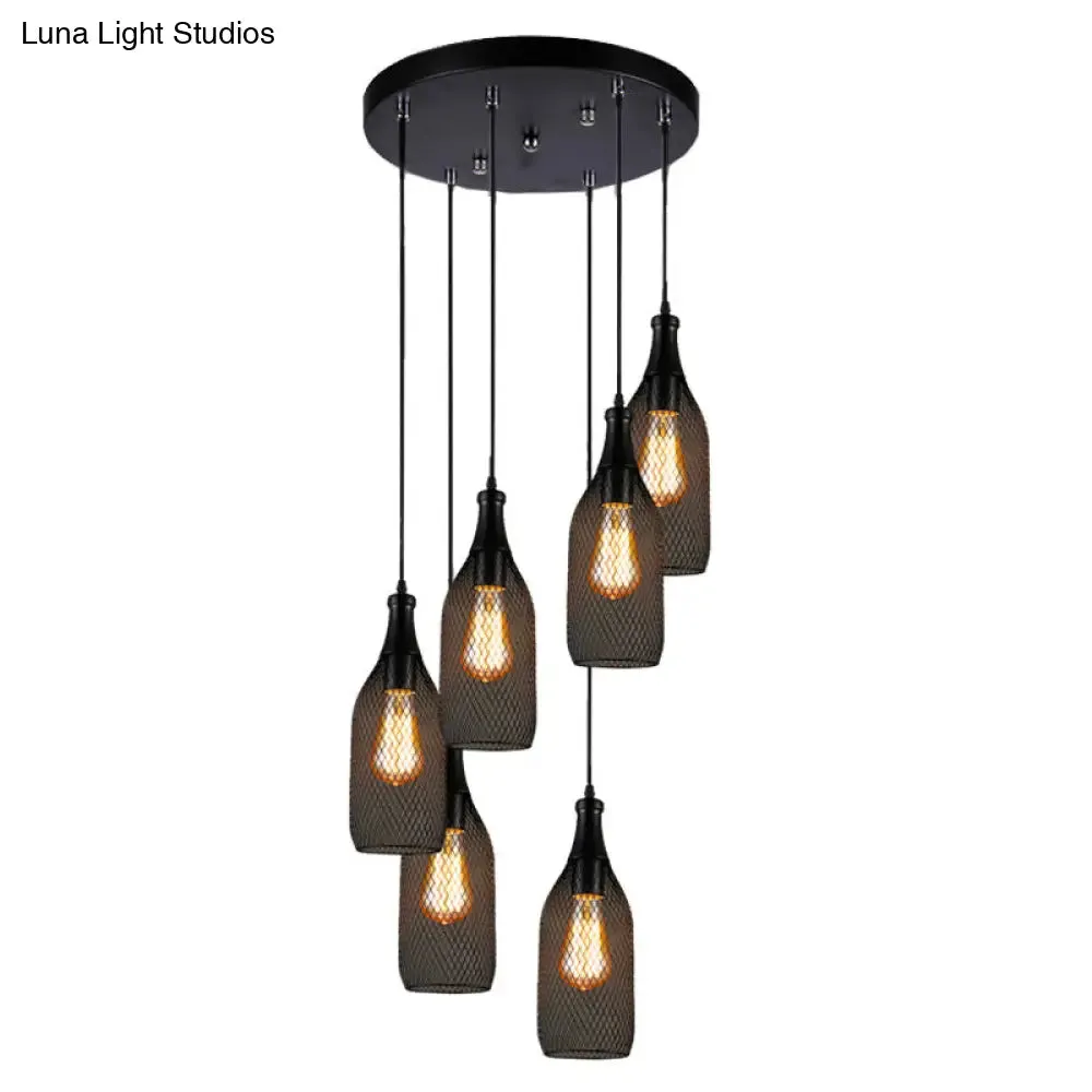Industrial Style Black Bottle Mesh Pendant Light with 3/6 Lights - Ideal for Restaurants
