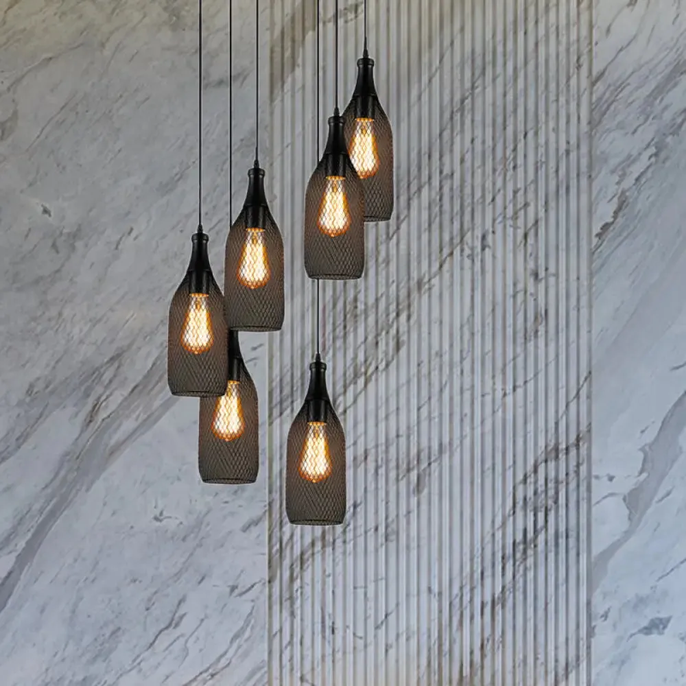 Industrial Style Black Bottle Mesh Pendant Light with 3/6 Lights - Ideal for Restaurants