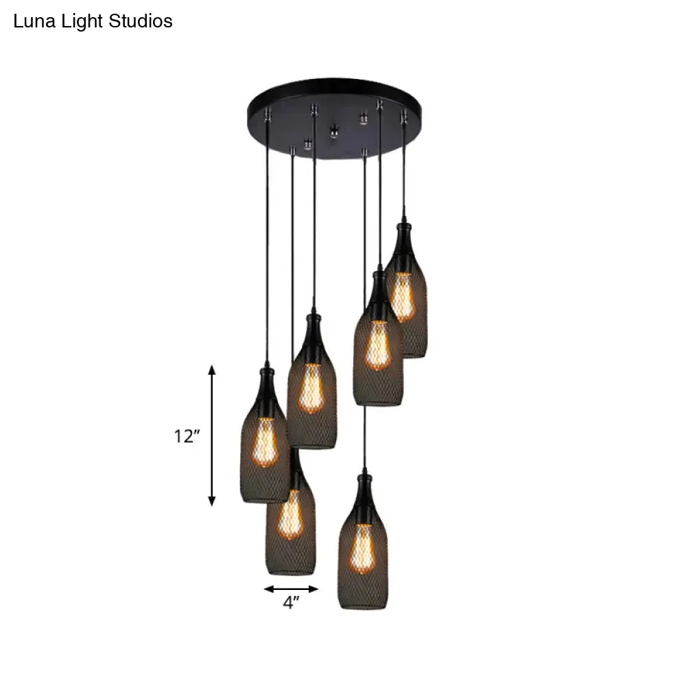 Industrial Style Black Bottle Mesh Pendant Light with 3/6 Lights - Ideal for Restaurants