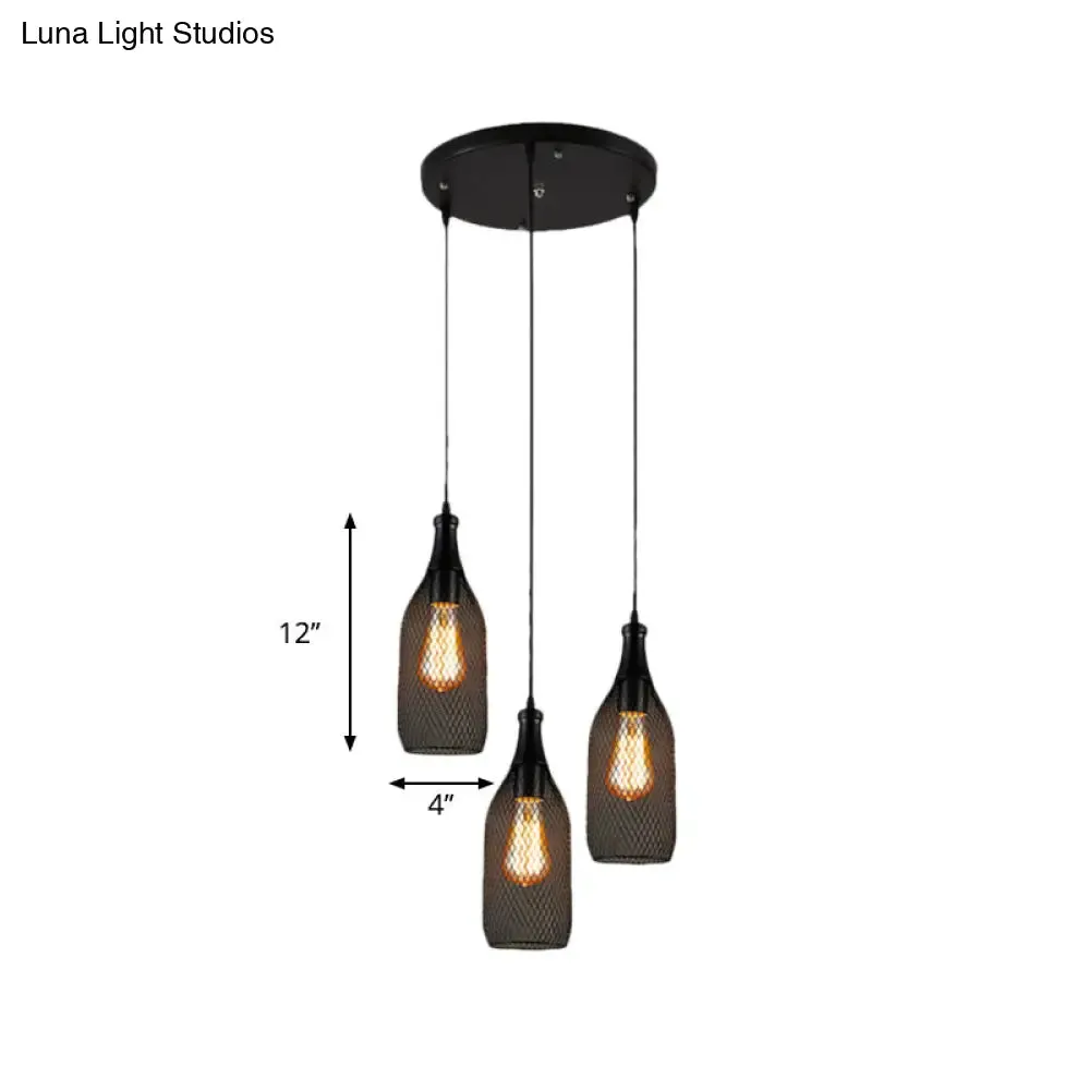 Industrial Style Black Bottle Mesh Pendant Light with 3/6 Lights - Ideal for Restaurants