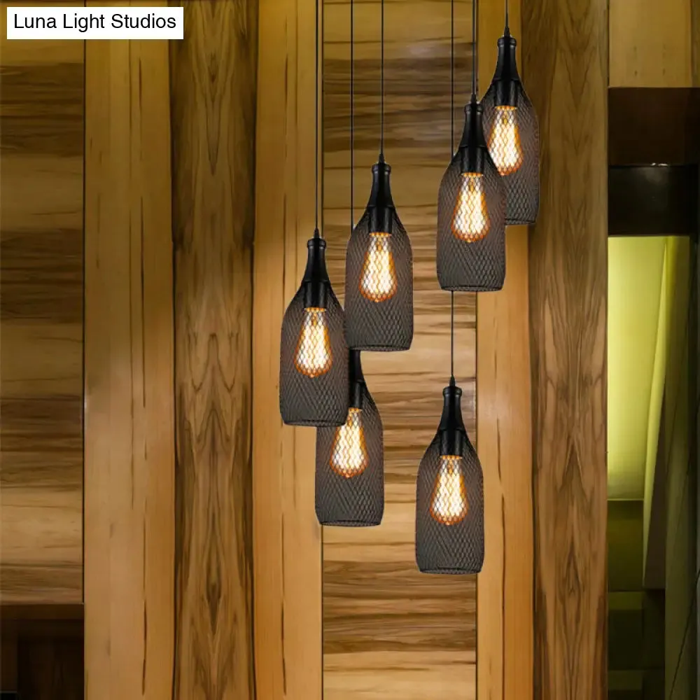 Industrial Style Black Bottle Mesh Pendant Light with 3/6 Lights - Ideal for Restaurants