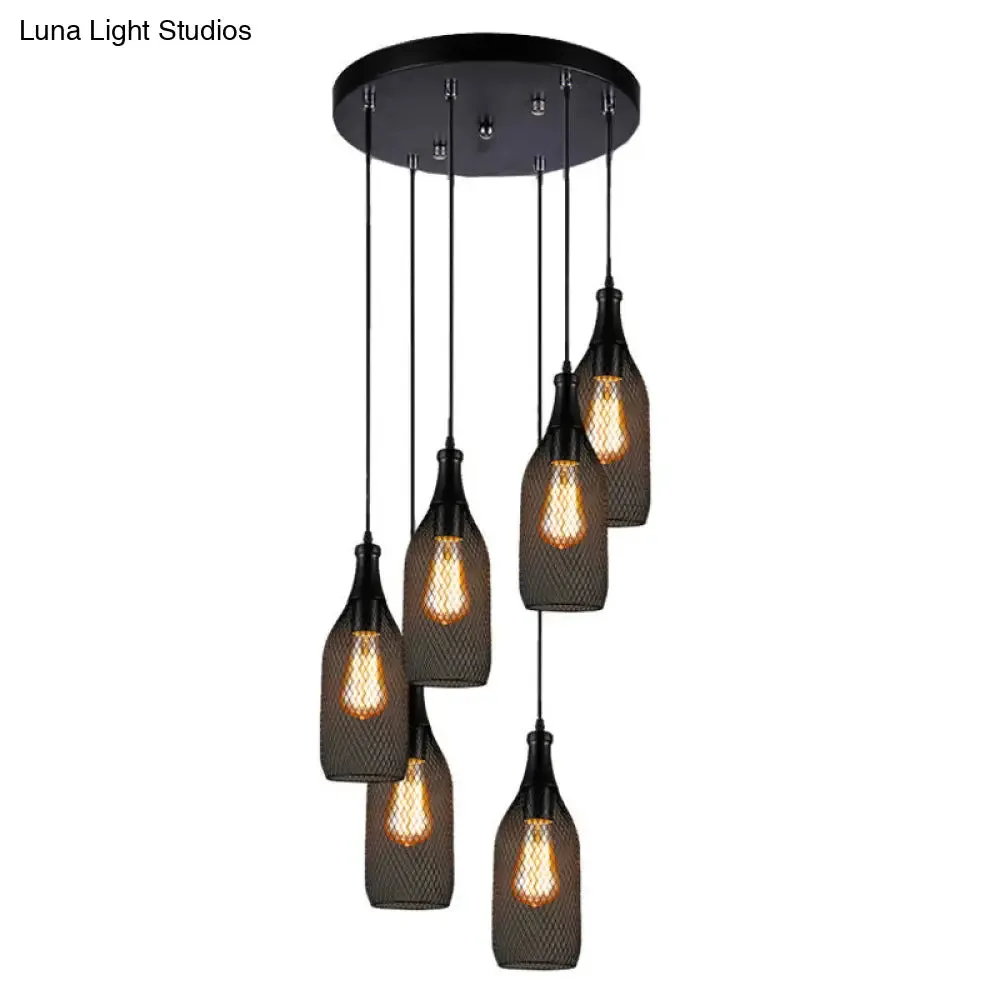 Industrial Style Black Bottle Mesh Pendant Light with 3/6 Lights - Ideal for Restaurants