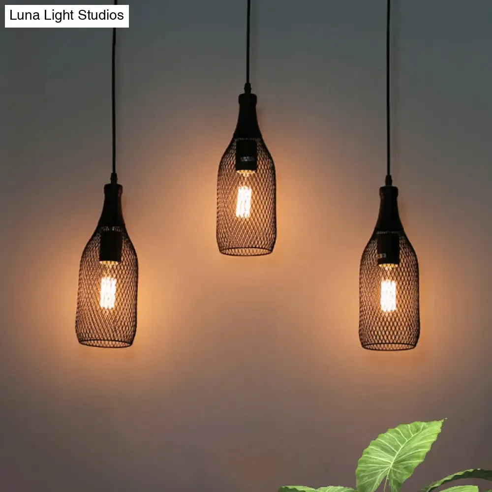 Industrial Style Black Bottle Mesh Pendant Light with 3/6 Lights - Ideal for Restaurants