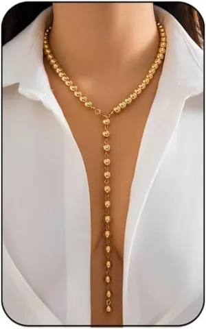 INENIMARTJ Gold Bead Necklace for Women Small Round Ball Beaded Chain Pendant Y-Necklace Gold Bohemian Ball Bead Choker Necklace