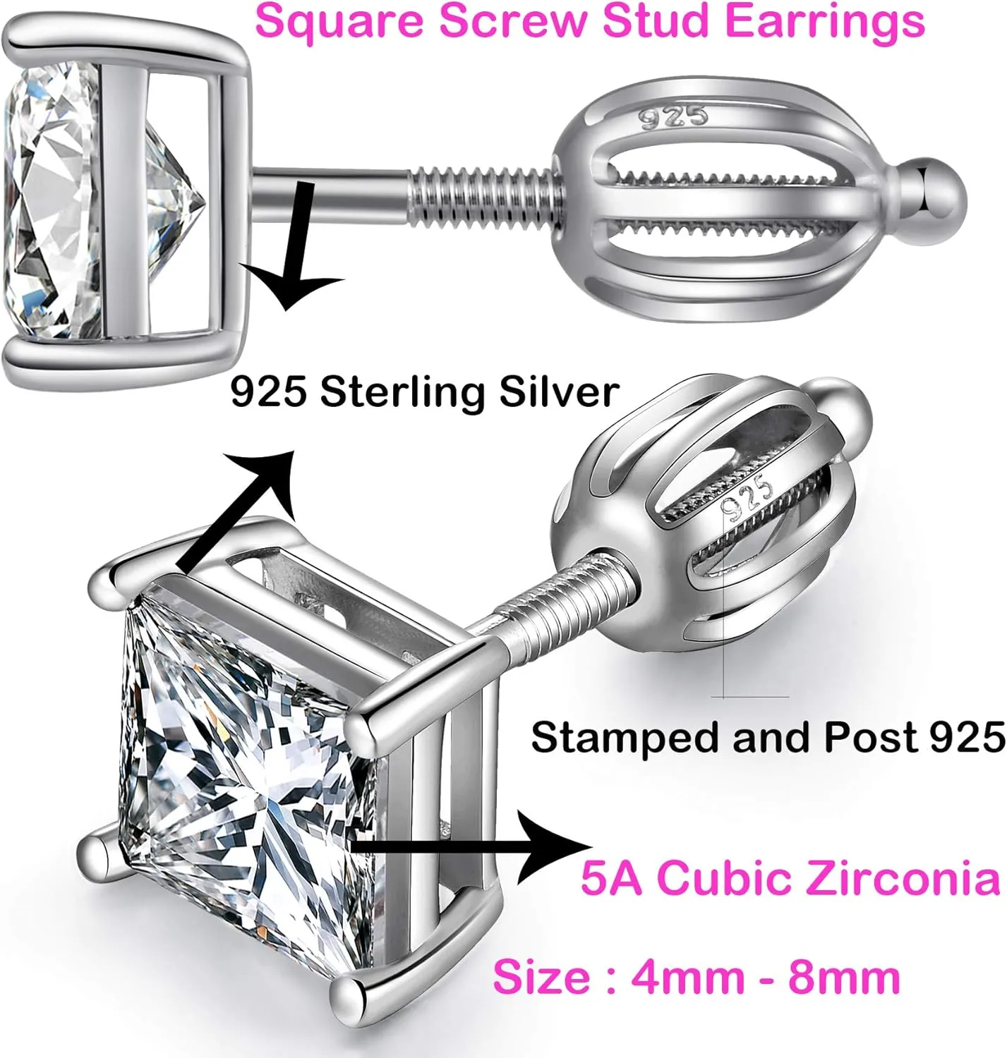Jiamiaoi 18k White Gold Plated Simulated Diamond Stud Earrings Screw Back Sterling Silver Cubic Zirconia Stud Earrings Set 4 Millimeters-8 Millimeters Nickle Free Hypoallergenic Earring Studs