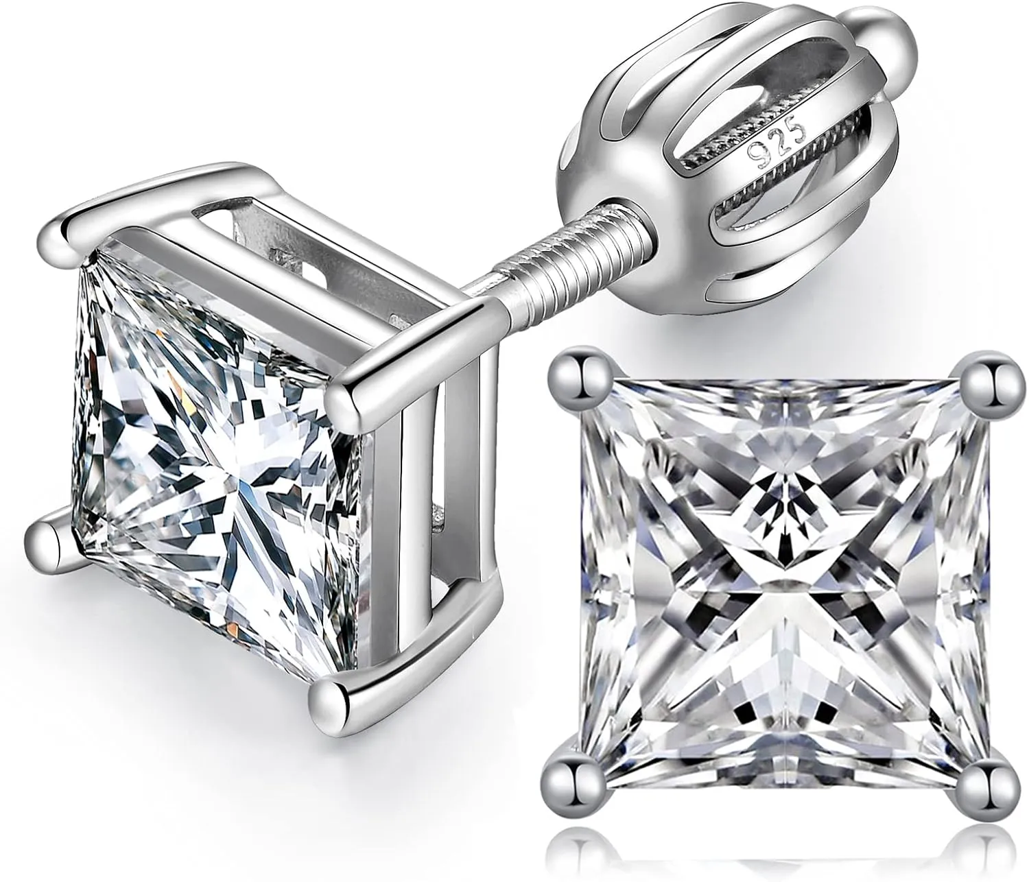 Jiamiaoi 18k White Gold Plated Simulated Diamond Stud Earrings Screw Back Sterling Silver Cubic Zirconia Stud Earrings Set 4 Millimeters-8 Millimeters Nickle Free Hypoallergenic Earring Studs