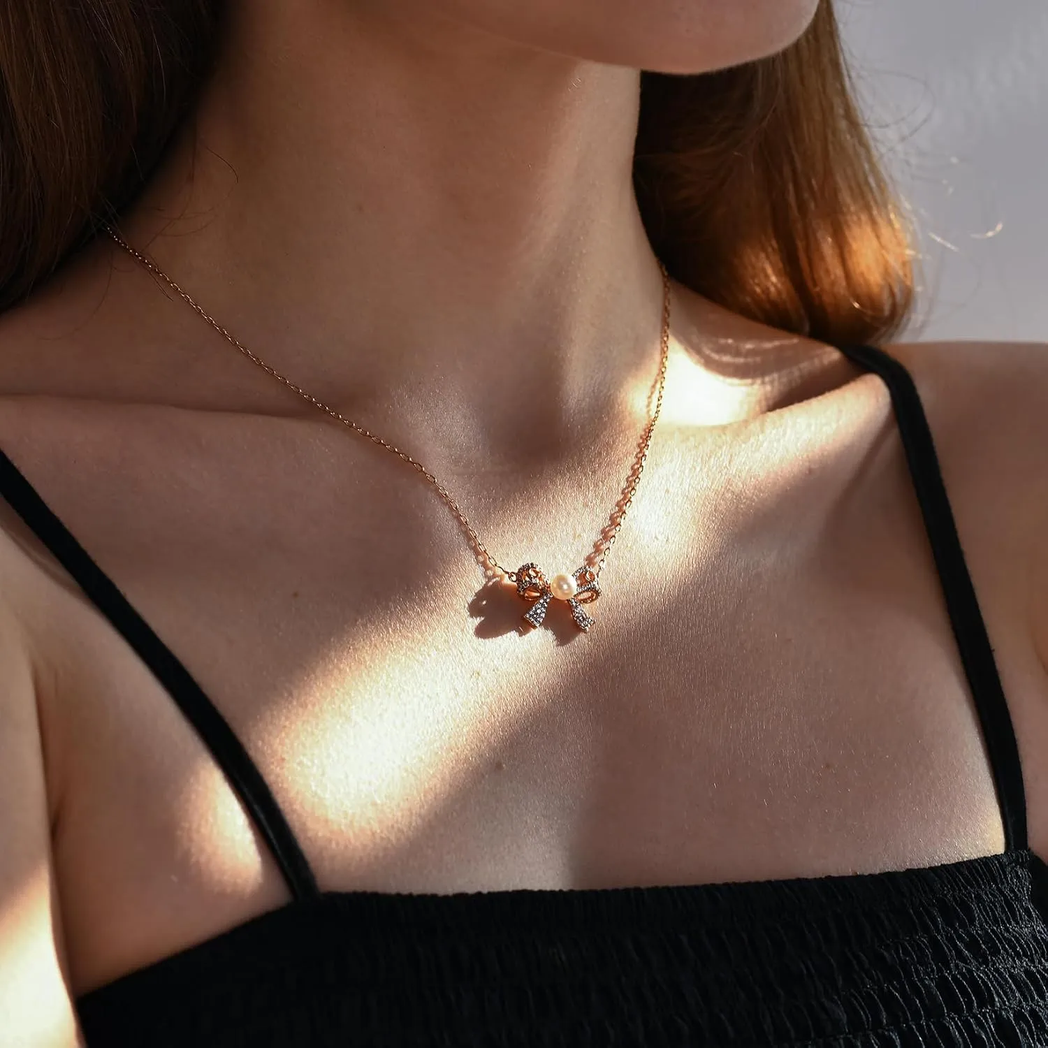JINEAR Dainty Gold Necklace for Women14K Gold Bow Pealr Necklace Heart Interlock Necklace Gold Teardrop Pendant Necklace Simple Choker Necklaces Jewelry Gifts