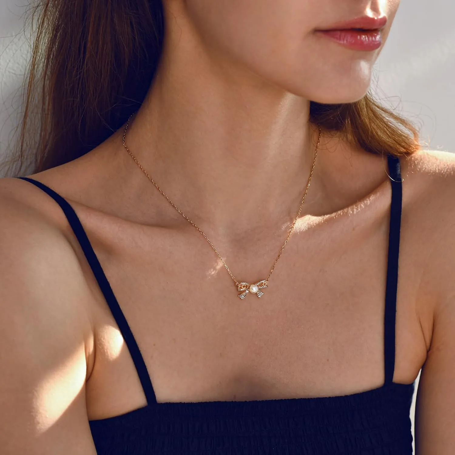 JINEAR Dainty Gold Necklace for Women14K Gold Bow Pealr Necklace Heart Interlock Necklace Gold Teardrop Pendant Necklace Simple Choker Necklaces Jewelry Gifts