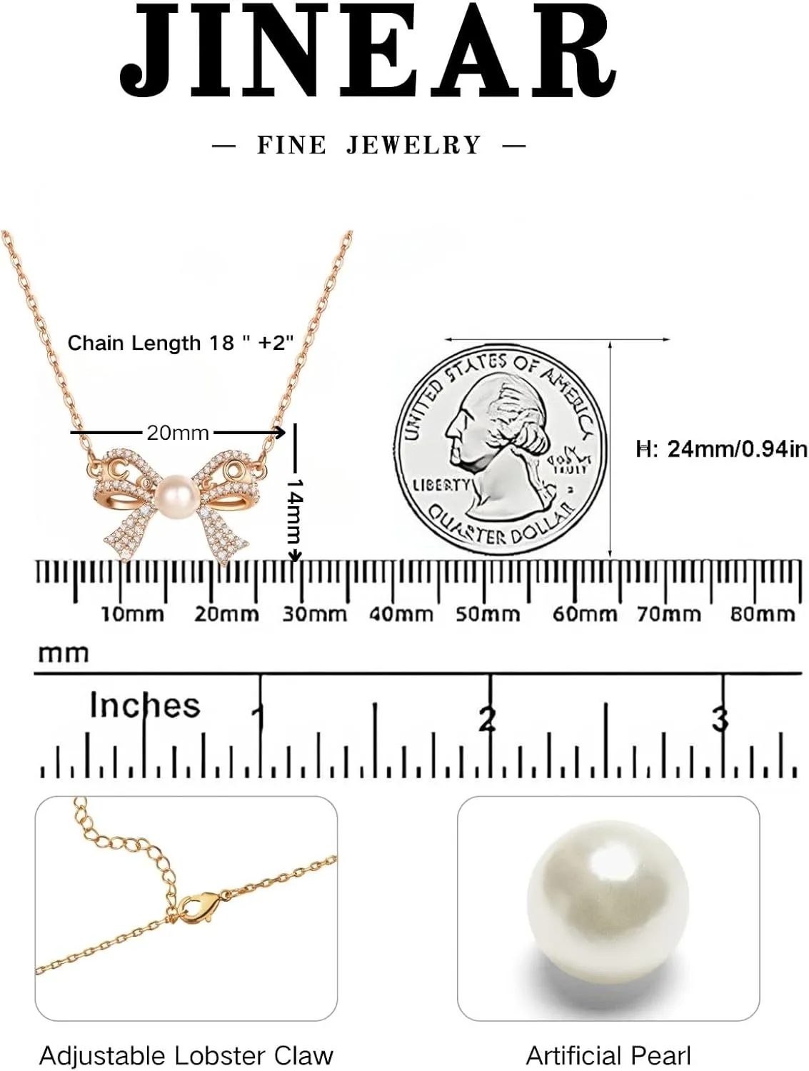 JINEAR Dainty Gold Necklace for Women14K Gold Bow Pealr Necklace Heart Interlock Necklace Gold Teardrop Pendant Necklace Simple Choker Necklaces Jewelry Gifts