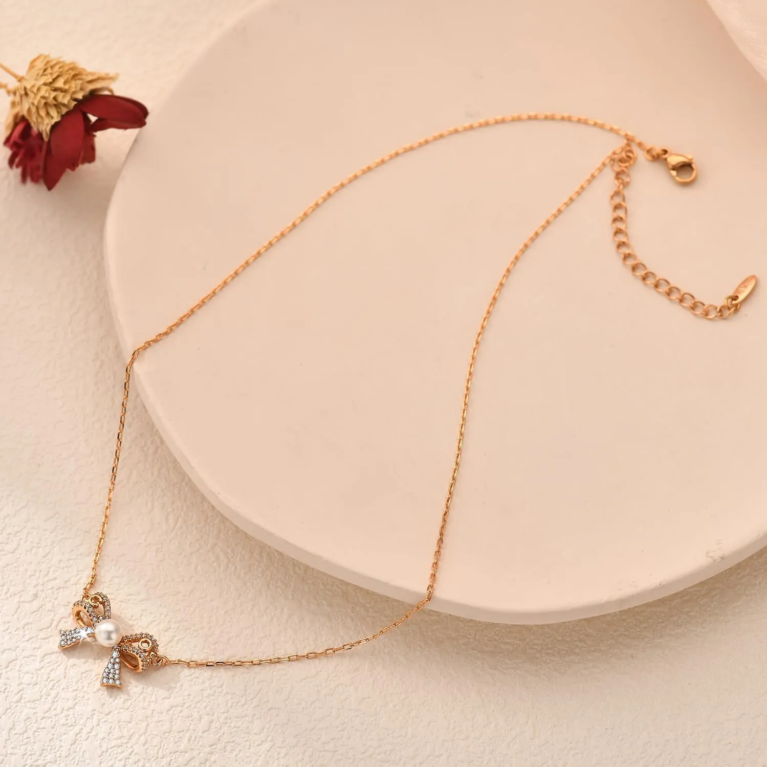 JINEAR Dainty Gold Necklace for Women14K Gold Bow Pealr Necklace Heart Interlock Necklace Gold Teardrop Pendant Necklace Simple Choker Necklaces Jewelry Gifts