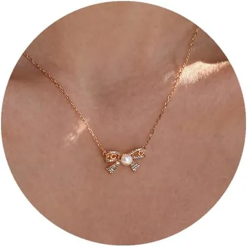 JINEAR Dainty Gold Necklace for Women14K Gold Bow Pealr Necklace Heart Interlock Necklace Gold Teardrop Pendant Necklace Simple Choker Necklaces Jewelry Gifts