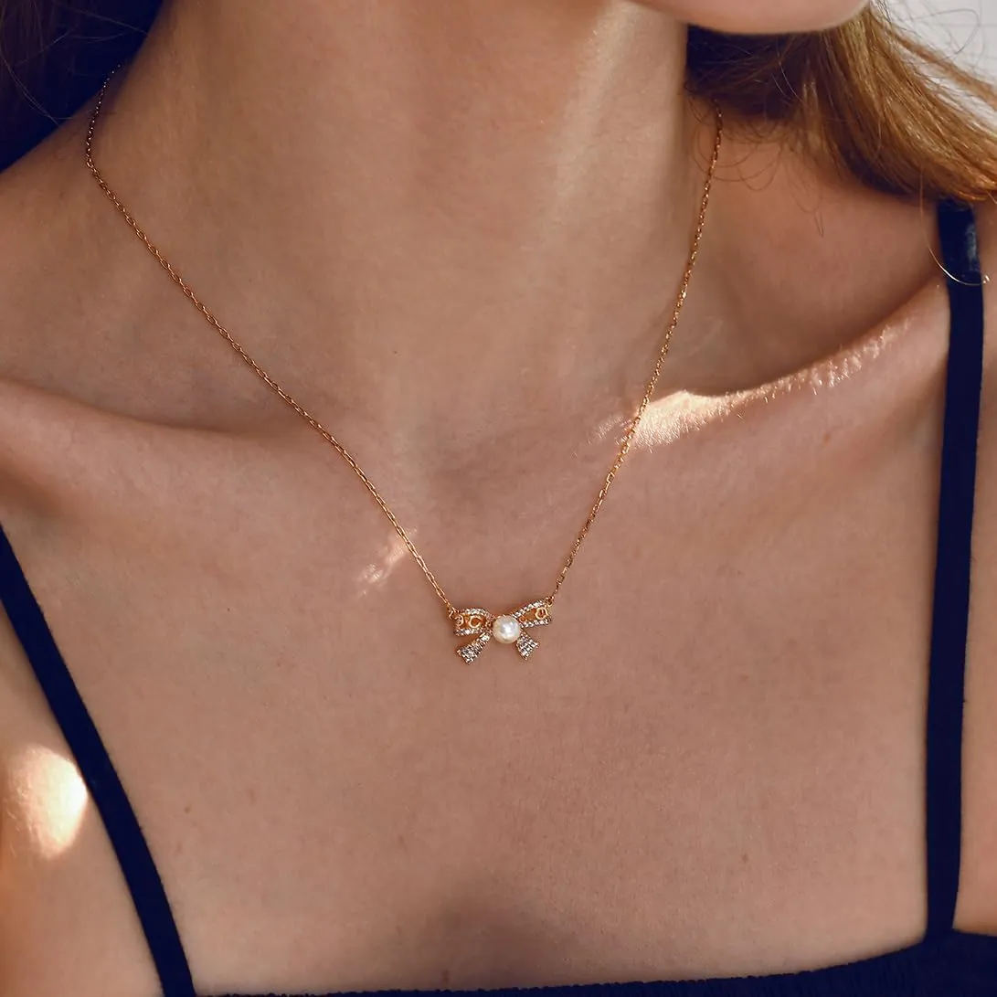 JINEAR Dainty Gold Necklace for Women14K Gold Bow Pealr Necklace Heart Interlock Necklace Gold Teardrop Pendant Necklace Simple Choker Necklaces Jewelry Gifts