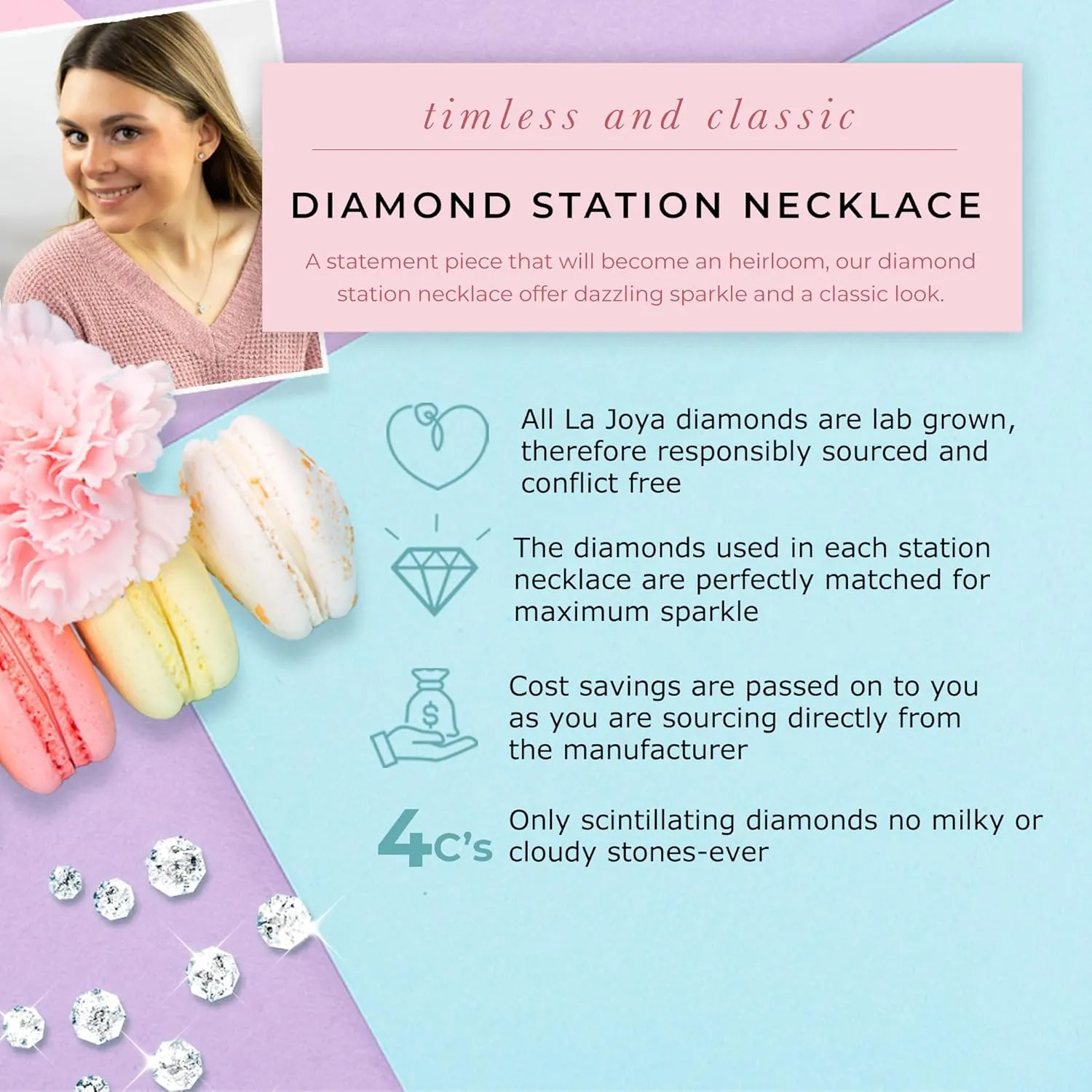 La Joya 1/2-2 CT. TW. Diamond Station Layering Necklaces | 925 Sterling Silver | 36 & 20 Inch Women's Gorgeous Diamond Jewelry