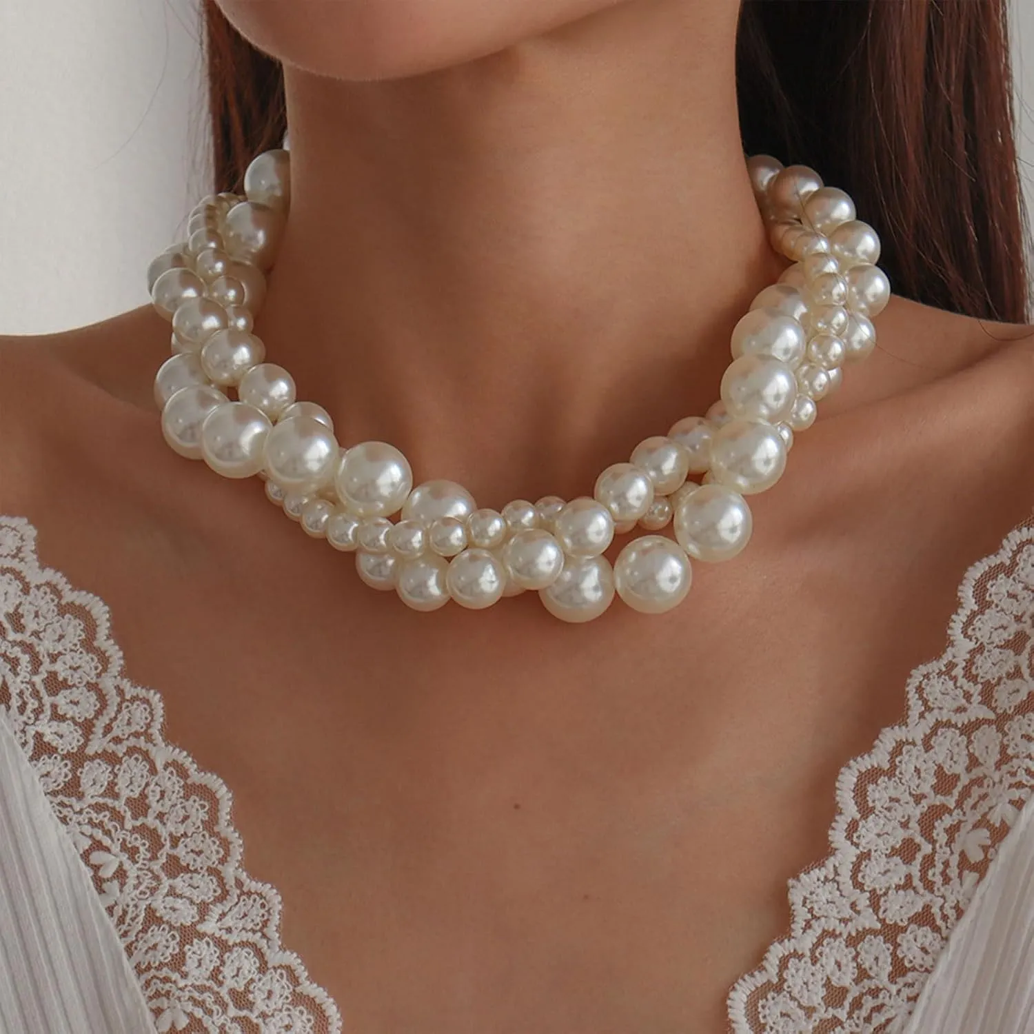 Large Pearl Necklaces for Women Chunky Layered Pearl Necklace Exaggerated Pearls Jewelry for Women Statement Choker Wedding Jewelry for Brides Bridesmaid Prom Brithday Gifts for Her