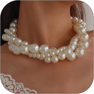 Large Pearl Necklaces for Women Chunky Layered Pearl Necklace Exaggerated Pearls Jewelry for Women Statement Choker Wedding Jewelry for Brides Bridesmaid Prom Brithday Gifts for Her