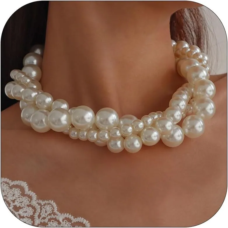 Large Pearl Necklaces for Women Chunky Layered Pearl Necklace Exaggerated Pearls Jewelry for Women Statement Choker Wedding Jewelry for Brides Bridesmaid Prom Brithday Gifts for Her