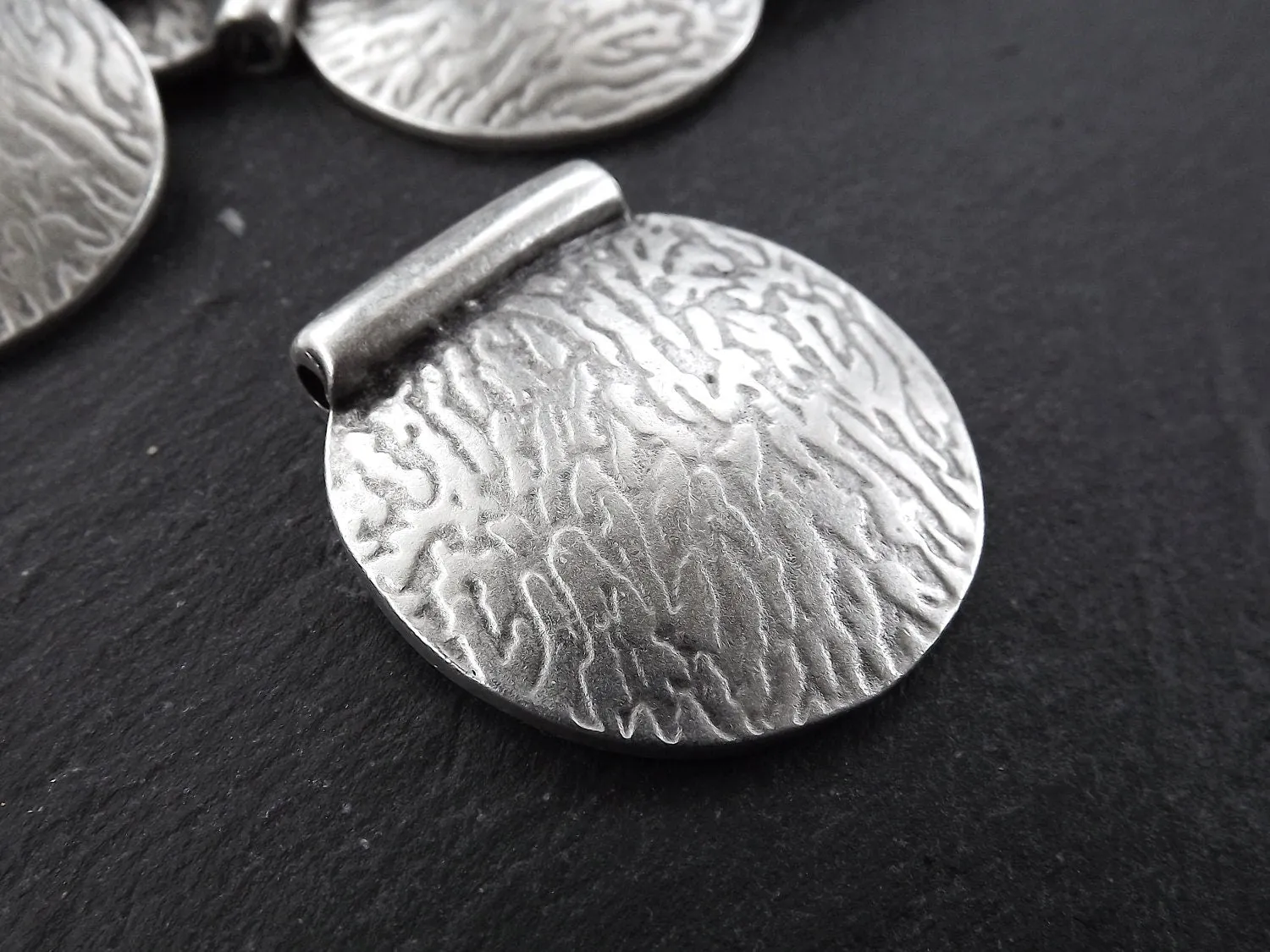 Large Semi Circle Pendant, Textured Pendant, Semi Circle Bead, Bark Pendant, Bark Bead Spacer, Unusual Pendant, Matte Antique Silver, 1pc