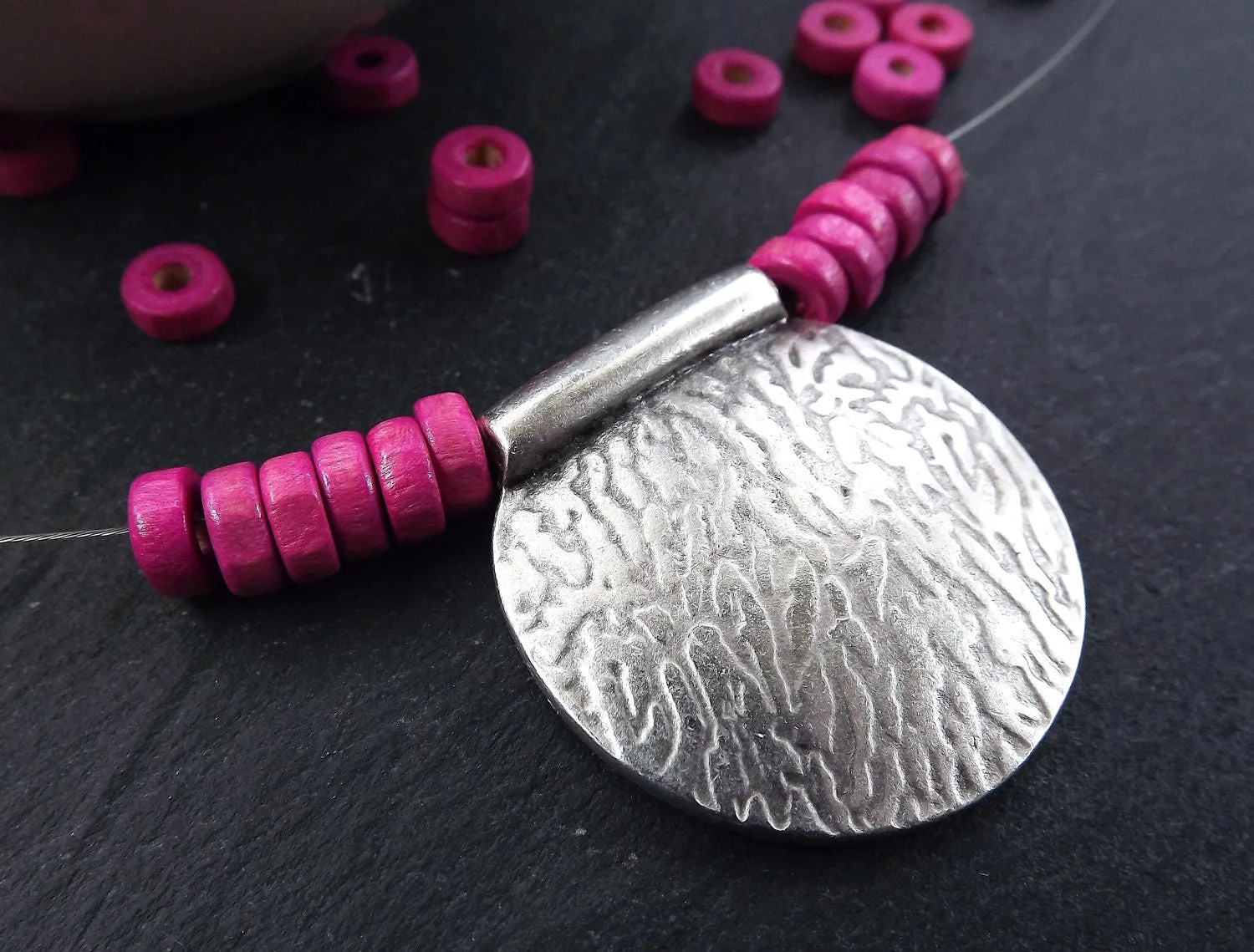 Large Semi Circle Pendant, Textured Pendant, Semi Circle Bead, Bark Pendant, Bark Bead Spacer, Unusual Pendant, Matte Antique Silver, 1pc