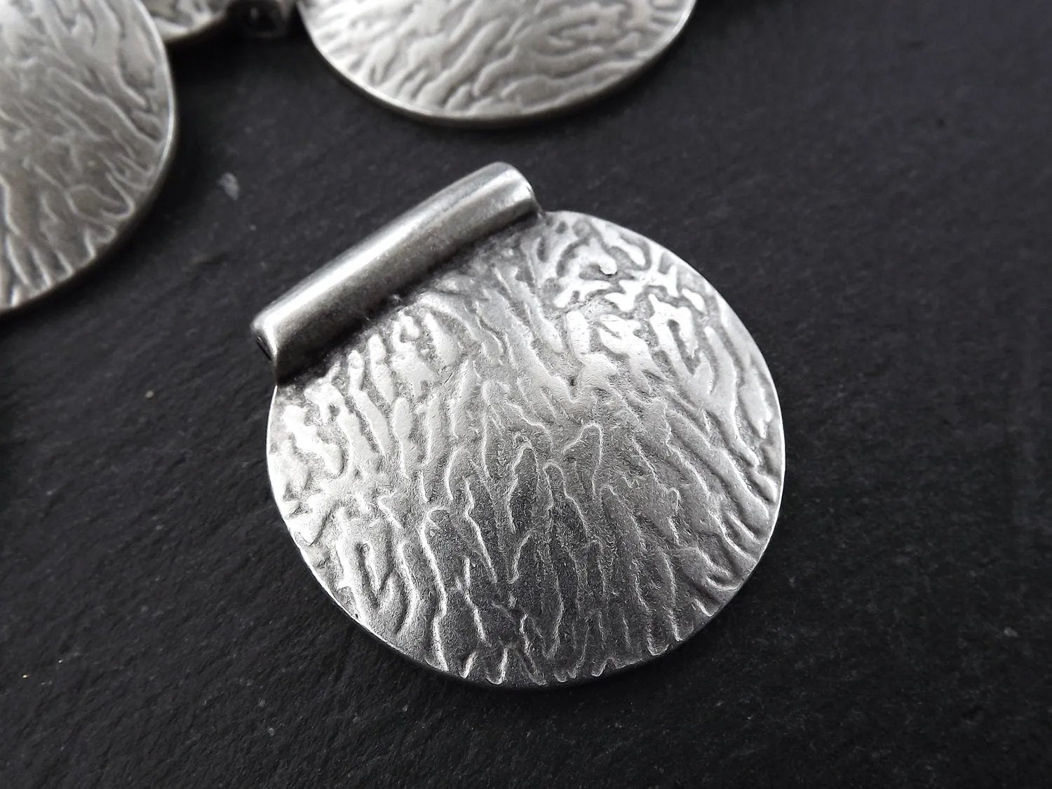 Large Semi Circle Pendant, Textured Pendant, Semi Circle Bead, Bark Pendant, Bark Bead Spacer, Unusual Pendant, Matte Antique Silver, 1pc