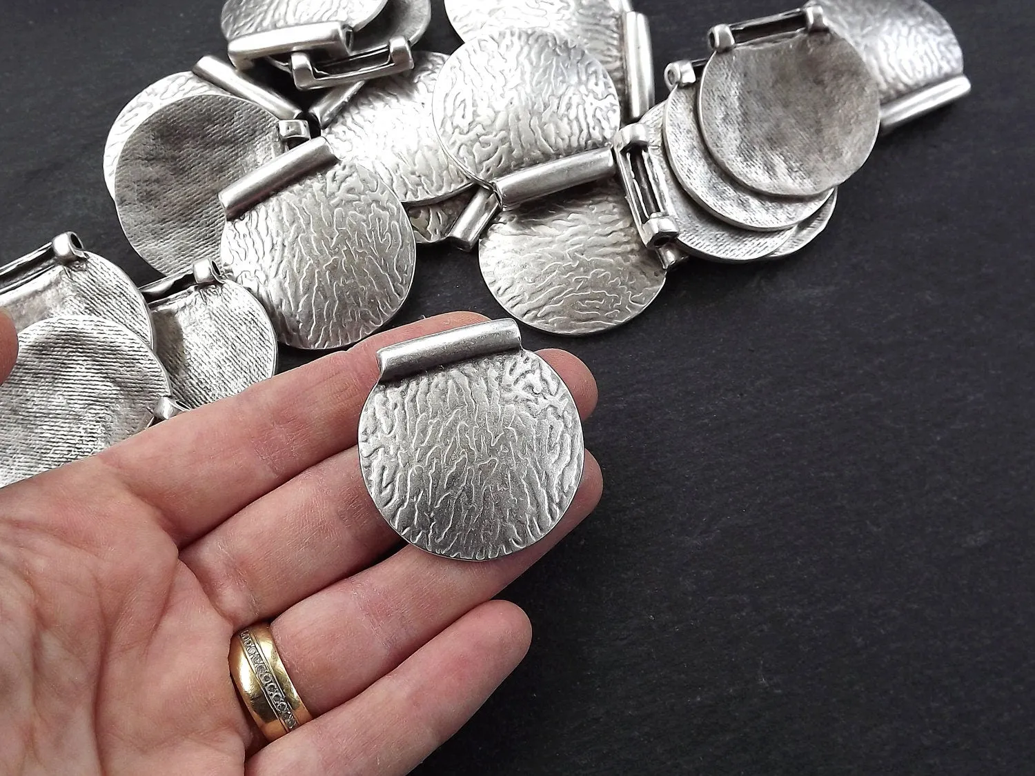 Large Semi Circle Pendant, Textured Pendant, Semi Circle Bead, Bark Pendant, Bark Bead Spacer, Unusual Pendant, Matte Antique Silver, 1pc