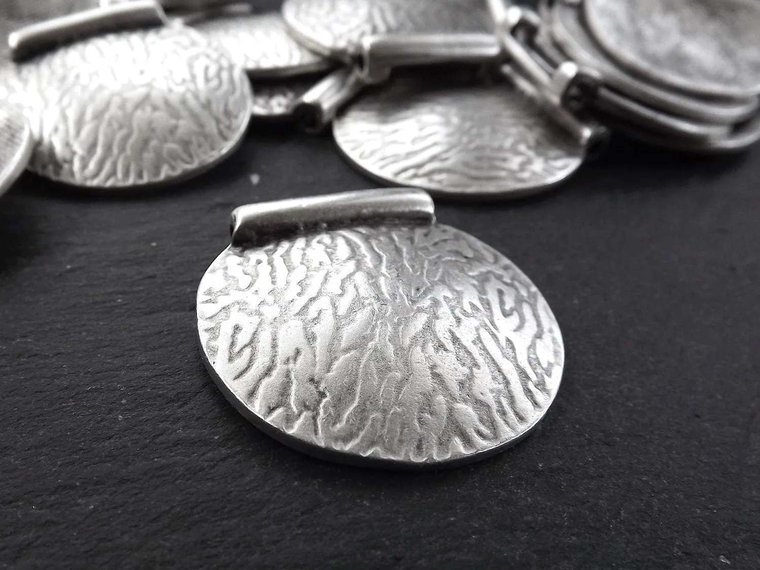 Large Semi Circle Pendant, Textured Pendant, Semi Circle Bead, Bark Pendant, Bark Bead Spacer, Unusual Pendant, Matte Antique Silver, 1pc