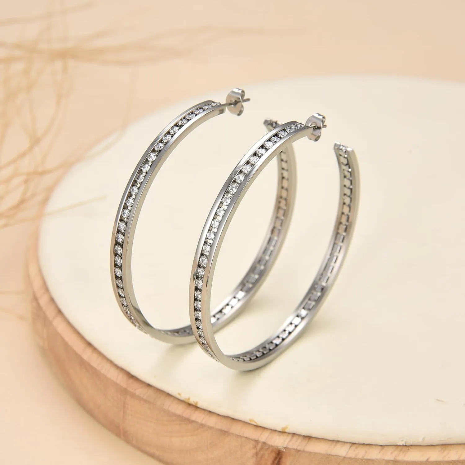 Large Stainless Steel Hoop Earrings for Women,Big Lightweight Cubic Zirconia Hoops Earring Huge CZ Cuff Earrings Size:30/40/60/80mm