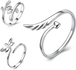LIFKOME 3Pcs Adjustable Open Wing Ring for Women and Leaf Design Comfortable Fit for Parties Weddings and Daily Wear Fashion Jewelry