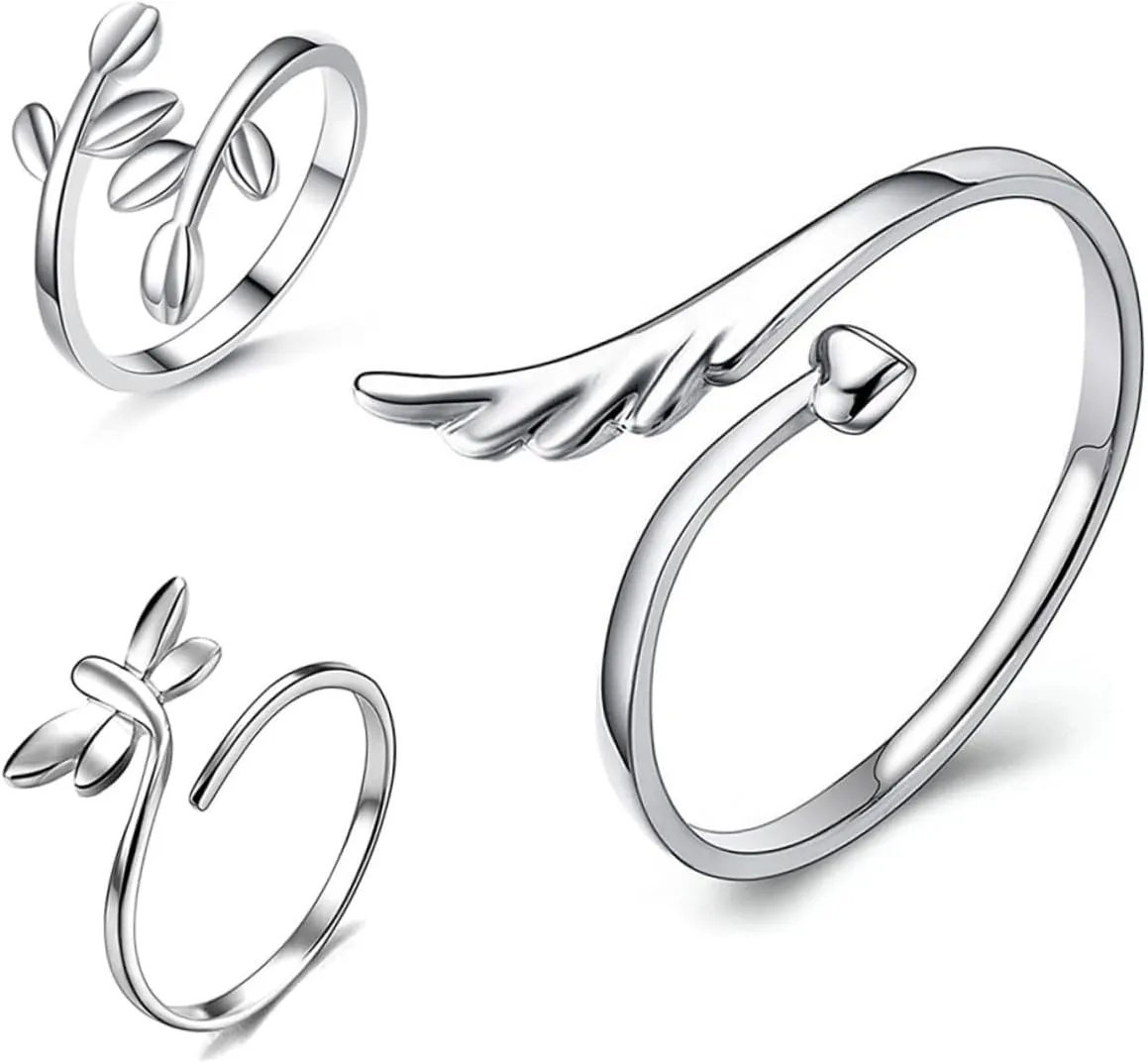 LIFKOME 3Pcs Adjustable Open Wing Ring for Women and Leaf Design Comfortable Fit for Parties Weddings and Daily Wear Fashion Jewelry