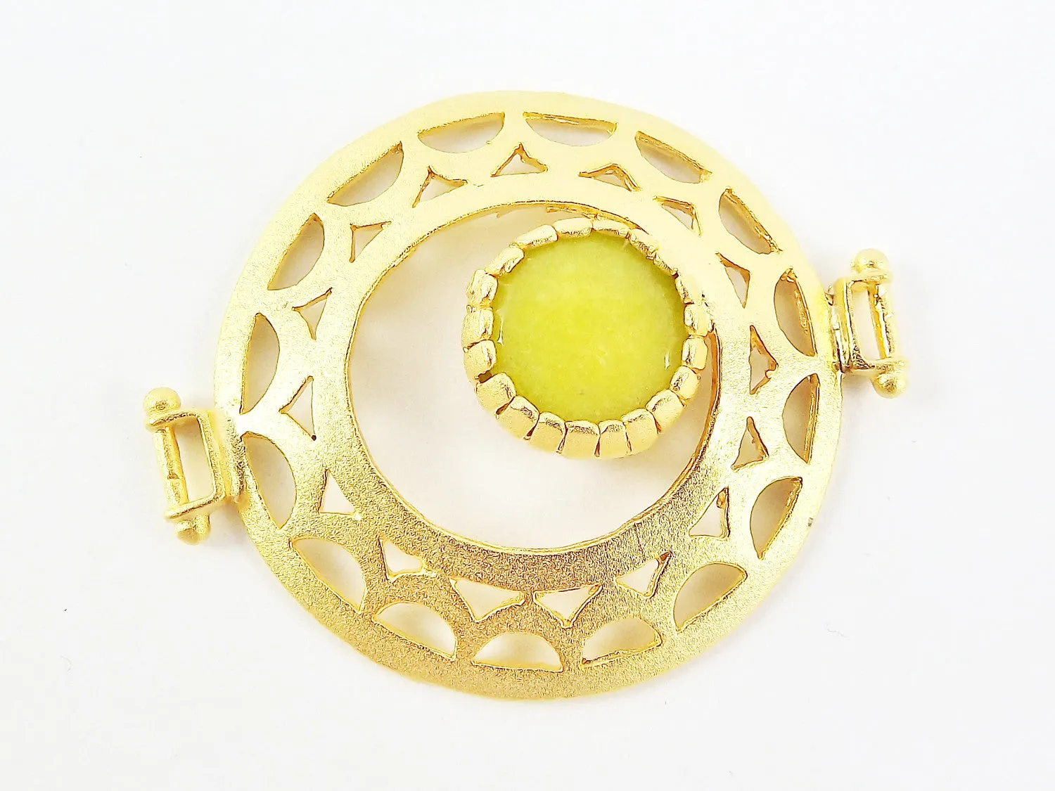 Lime Green Jade Stone Fretworked Circle Connector Pendant - 22k Matte Gold Plated - 1PC