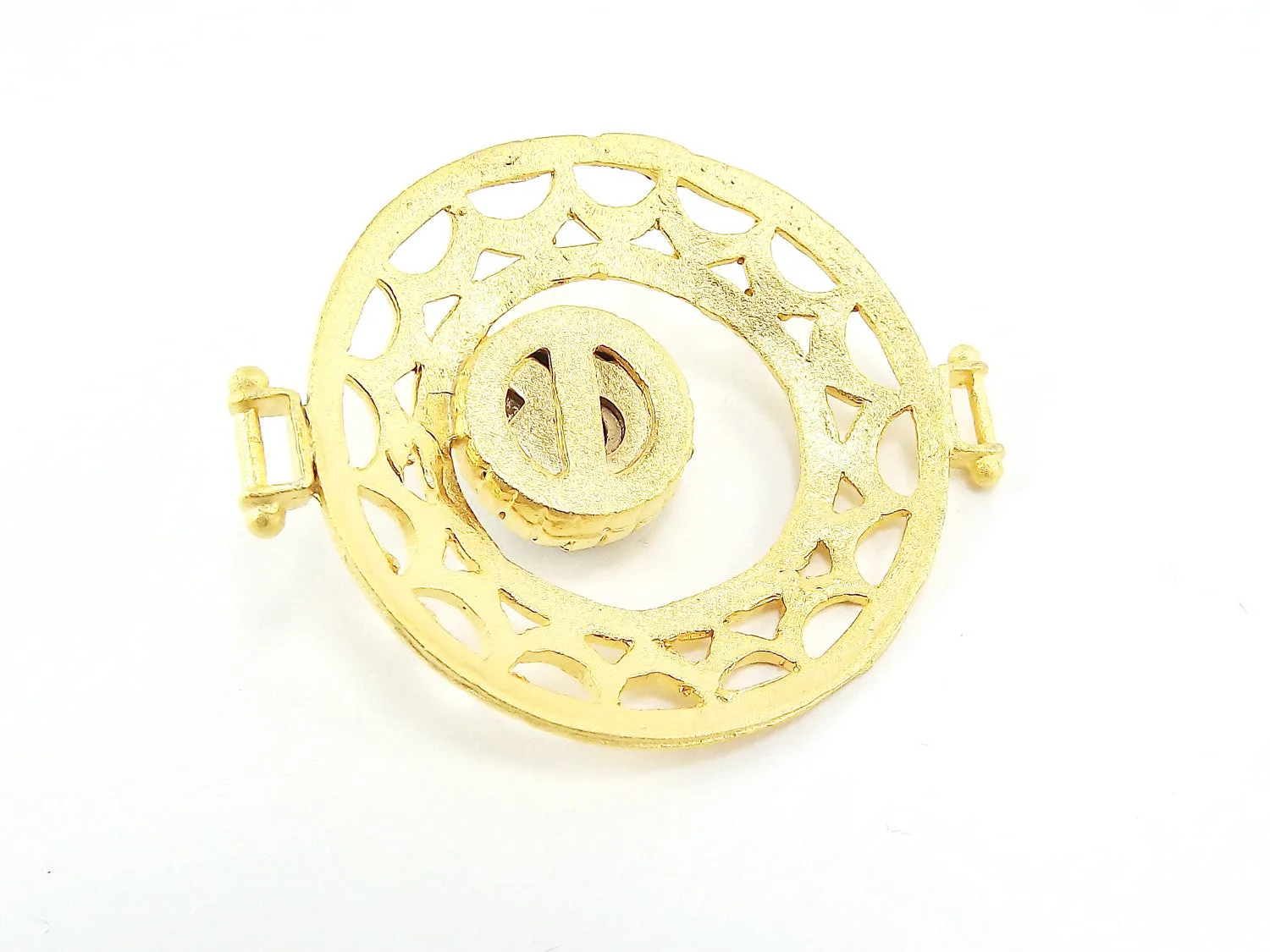Lime Green Jade Stone Fretworked Circle Connector Pendant - 22k Matte Gold Plated - 1PC