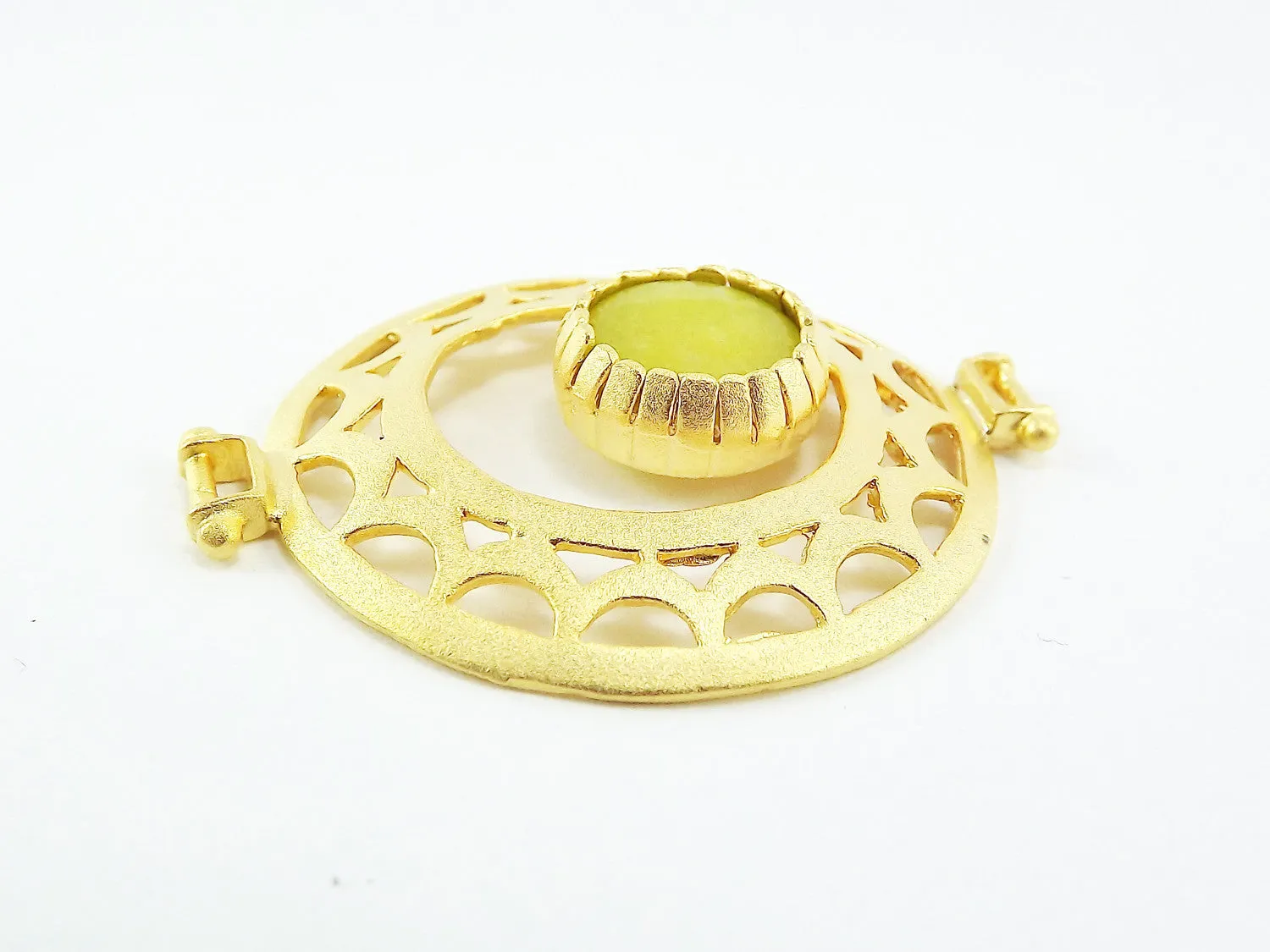 Lime Green Jade Stone Fretworked Circle Connector Pendant - 22k Matte Gold Plated - 1PC