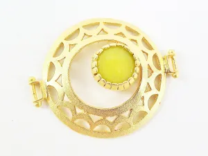 Lime Green Jade Stone Fretworked Circle Connector Pendant - 22k Matte Gold Plated - 1PC