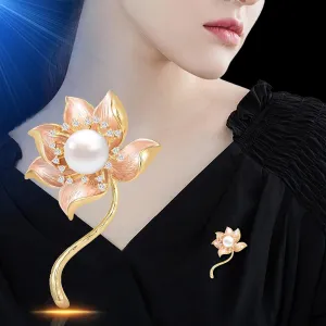 Lotus Brooches for Women Gold-Plated Lotus Pearl Brooch Lapel Pin Flower Brooch Pin Yoga Jewelry Gift for Mom Wife (pink)