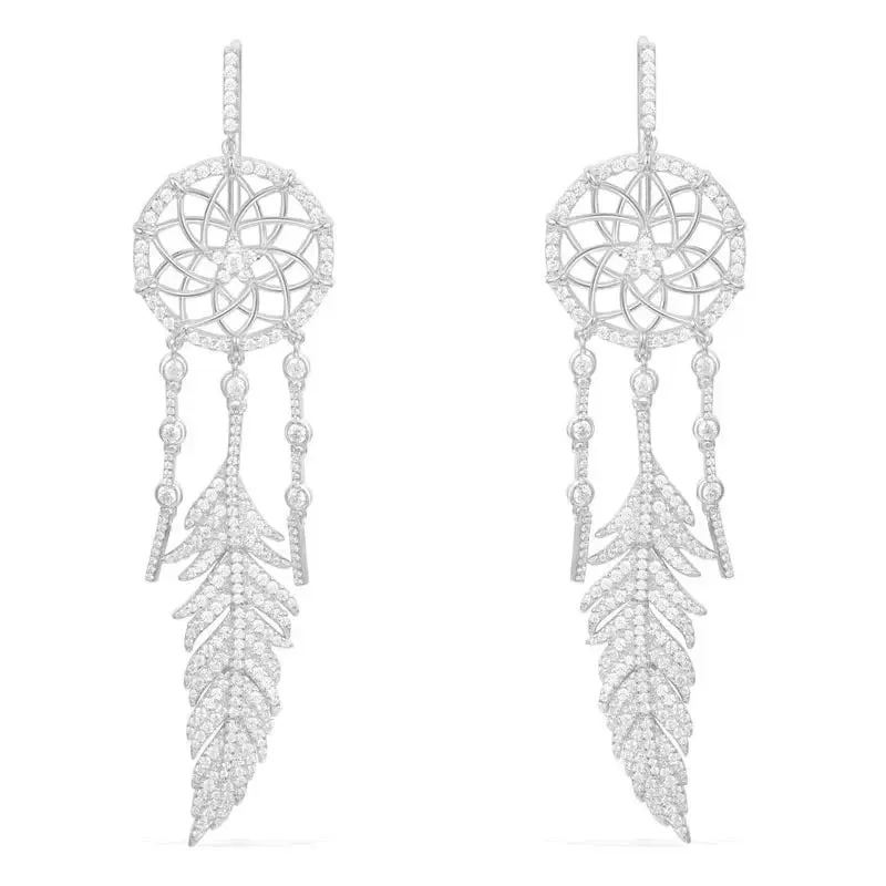 LOVCIA Exquisite Sterling Silver Dreamcatcher Earrings with Micro-Set Crystal Diamonds